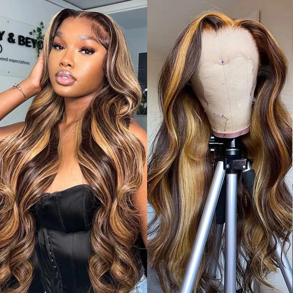 Stema Highlight #4/27 Straight Body Wave 13x4 Transparent Lace Front Human Hair Wig